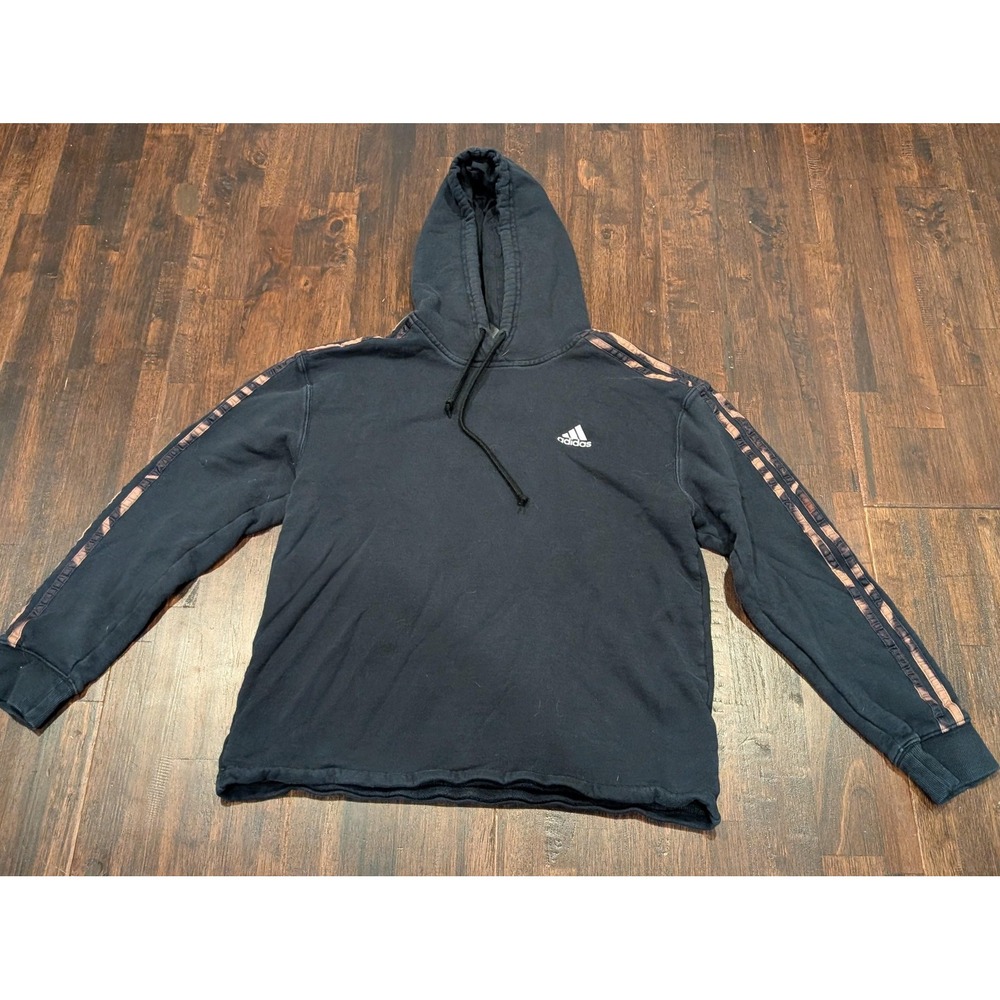 Adidas Hoodie Womens Large Black Leopard Stripes Pullover‎ Cropped Logo IJ8712
